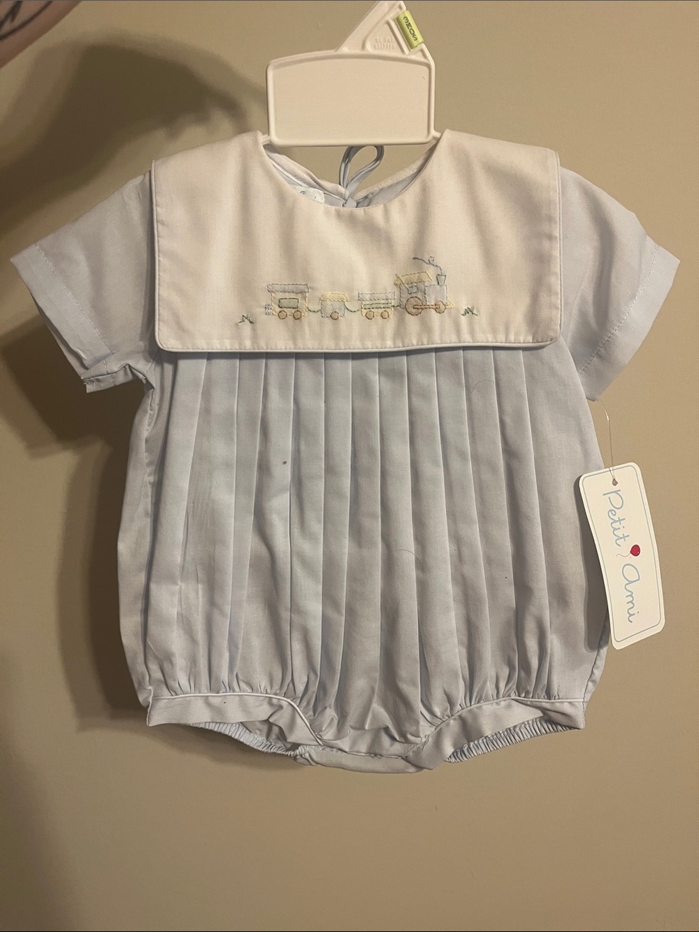 Petit Ami Pale Blue Pleated Baby Romper with Train Motif